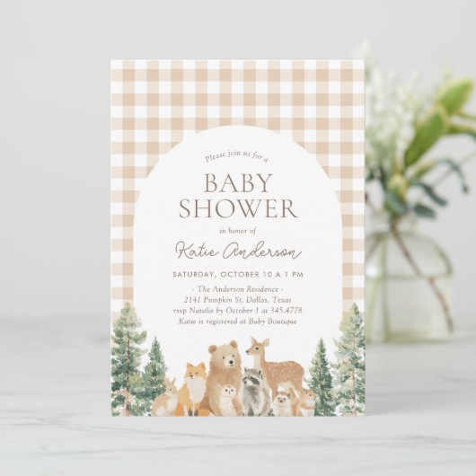 Woodland Animals Gingham Baby Shower 招待状 (スタンド正面)