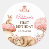 Woodland Animals Girl 1st Birthday Party ラウンドシール (正面)
