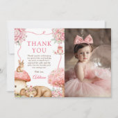 Woodland Animals Girl 1st Birthday Party Photo サンキューカード (正面)
