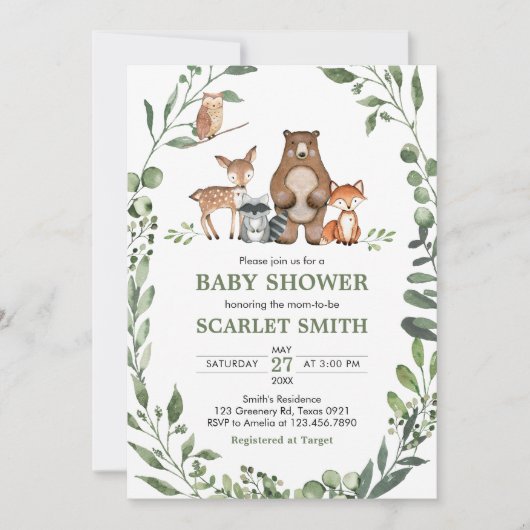 Woodland Animals Greenery Baby Shower  招待状 (正面)