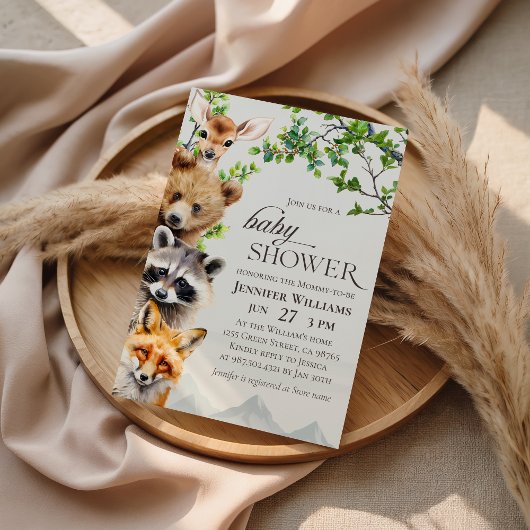 Woodland Animals Greenery Baby Shower Invitation 招待状