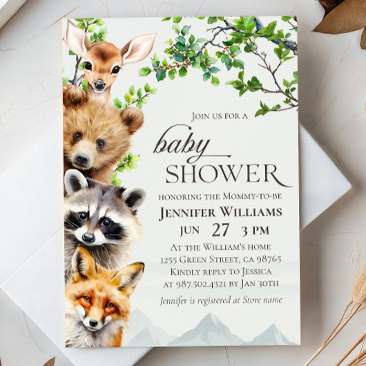 Woodland Animals Greenery Baby Shower Invitation 招待状