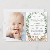 Woodland Animals Greenery Birthday Party写真 招待状 (正面)