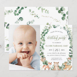 Woodland Animals Greenery Birthday Party写真 招待状