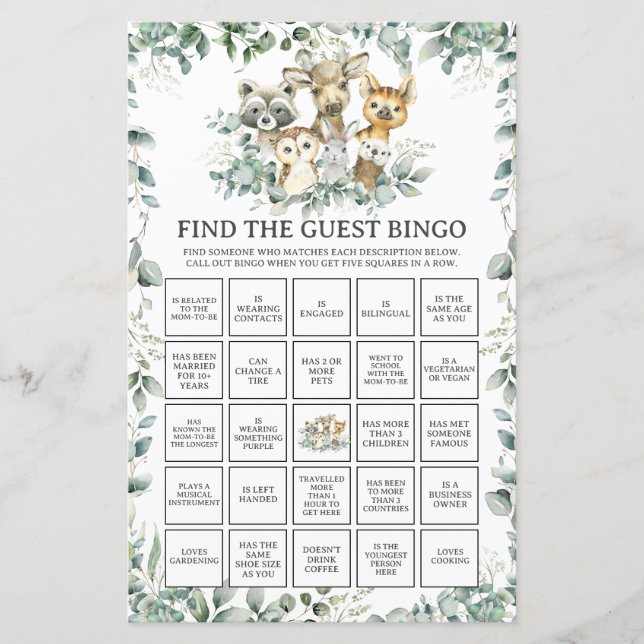 Woodland Animals Greenery Find the Guest Bingo (正面)