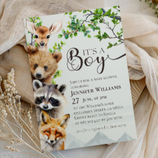 Woodland Animals Greenery It’s a Boy Baby Shower 招待状