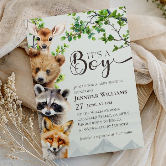 Woodland Animals Greenery It’s a Boy Baby Shower 招待状