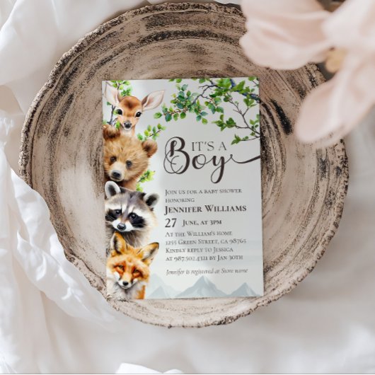 Woodland Animals Greenery It’s a Boy Baby Shower 招待状