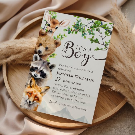 Woodland Animals Greenery It’s a Boy Baby Shower 招待状