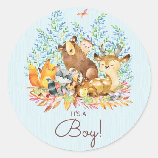 Woodland Animals It'a Boy Favy Sticker ラウンドシール (正面)