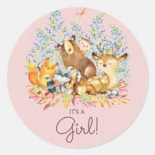 Woodland Animals It'a Girl Favy Sticker ラウンドシール