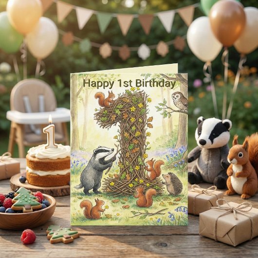 Woodland Animals Number 1 | First Birthday Photo カード