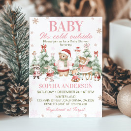 Woodland Animals Pink Christmas Winter Baby Shower 招待状