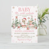 Woodland Animals Pink Christmas Winter Baby Shower 招待状 (スタンド正面)