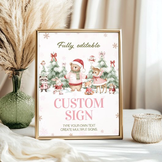 Woodland Animals Pink Winter Birthday Custom Sign ポスター