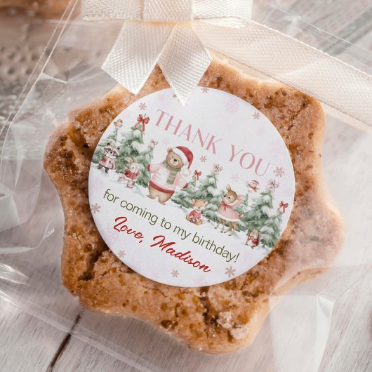 Woodland Animals Pink Winter Forest Girl Birthday ラウンドシール