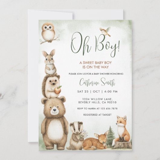  Woodland Animals Sweet Baby Boy Baby Shower 招待状 (正面)