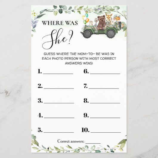 Woodland Animals Where was Mom Shower Game Card チラシ (正面)