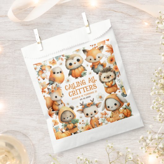 Woodland Animals Whimsical Autumn Kids' Birthday フェイバーバッグ (クリップ留めされた状態)