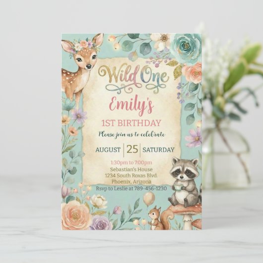 Woodland Animals Wild One Birthday Invitation 招待状 (スタンド正面)