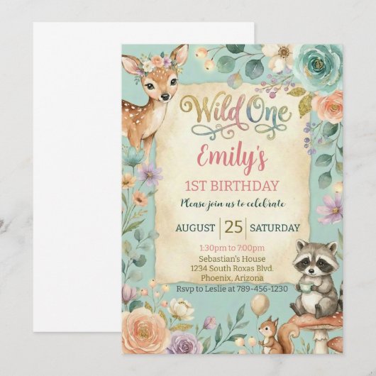 Woodland Animals Wild One Birthday Invitation 招待状 (正面/裏面)