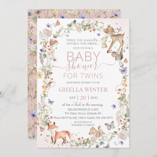 Woodland Animals Wildflower Twins Baby Shower 招待状 (正面/裏面)