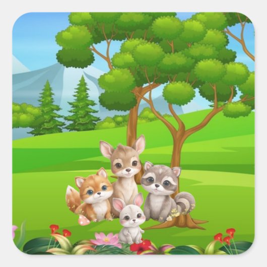 Woodland Baby Animals Baby Bib — Cute Forest Frien スクエアシール (正面)