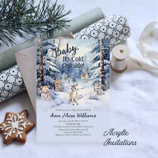 Woodland Baby Animals Winter Boy Baby Shower アクリル招待状