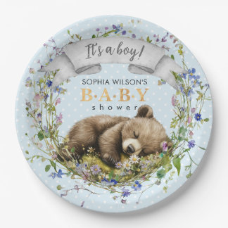 Woodland Baby Bear Baby Shower Paper Plate ペーパープレート