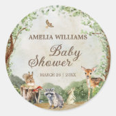Woodland Baby Shower Forest Animals Greenery ラウンドシール (正面)