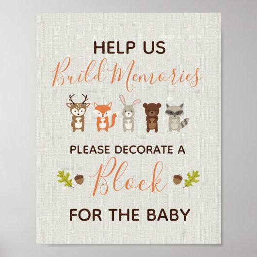 Woodland Baby Shower Sign - Decorate a Block ポスター (正面)