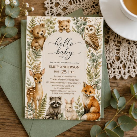 Woodland Baby Shower Watercolor Forest Animals 招待状