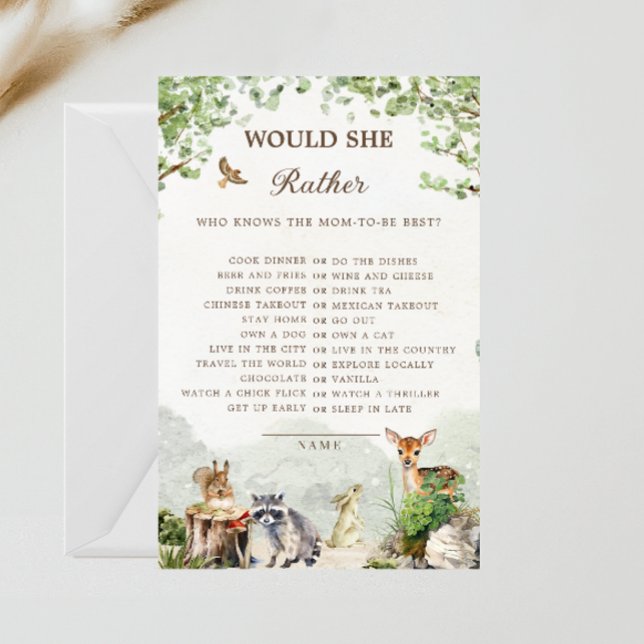 Woodland Baby Shower Would She Rather Game Card (クリエイターアップロード済み)