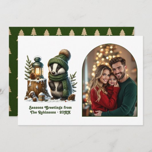 Woodland Badger Cozy Forest Christmas Magic Photo シーズンカード (正面/裏面)