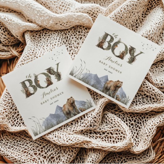 Woodland Bear Adventure Moss Green Oh Boy スタンダードカクテルナプキン