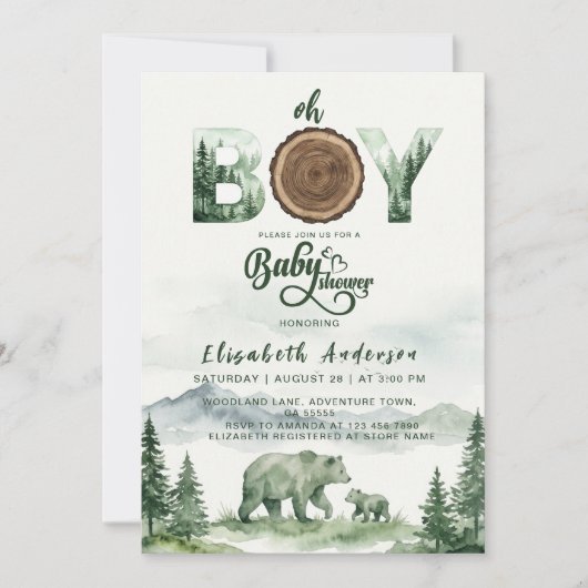 Woodland Bear Baby Shower Invitation Rustic 招待状 (正面)