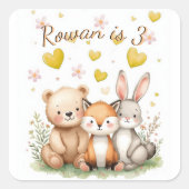 Woodland Bear Fox Bunny Yellow Hearts Neutral スクエアシール (正面)