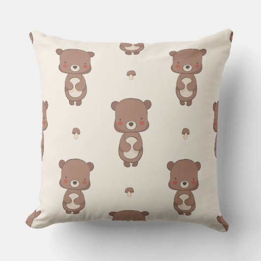 Woodland Bear & Mushroom Nursery Throw Pillow クッション (正面)