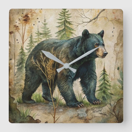 Woodland Bear Wall Clock スクエア壁時計 (正面)