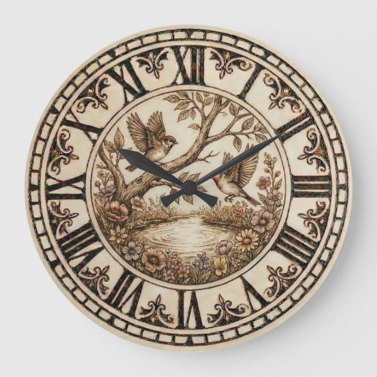Woodland Bird wall Clock - Rustic Farmhouse Decor ラージ壁時計 (正面)