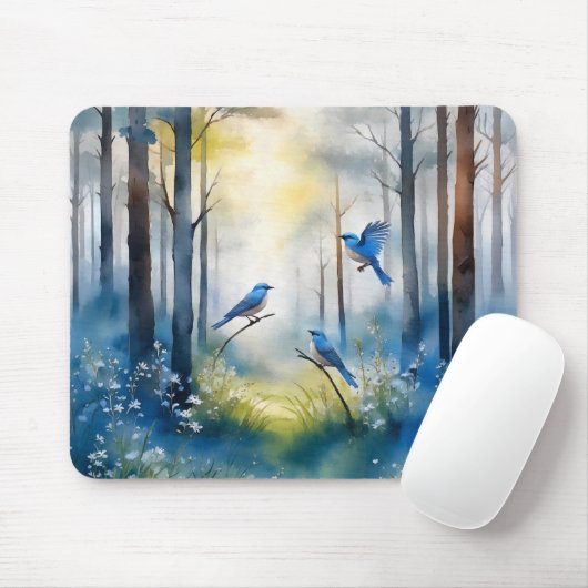 Woodland Bluebirds Scenic Forest マウスパッド (マウス)