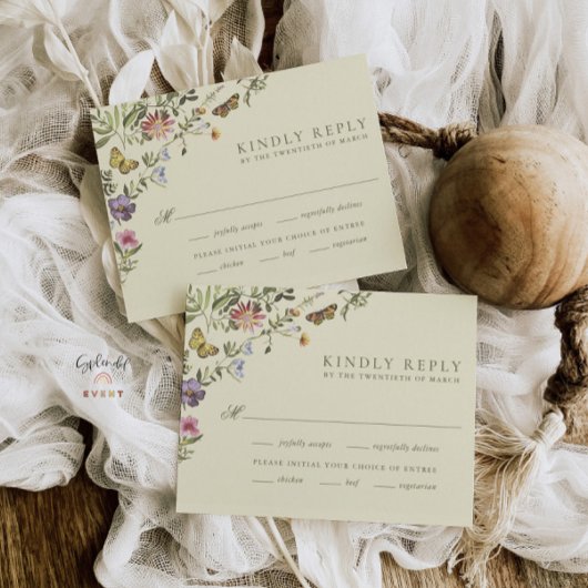 Woodland Boho Vintage Botanical Wildflower Wedding 出欠カード