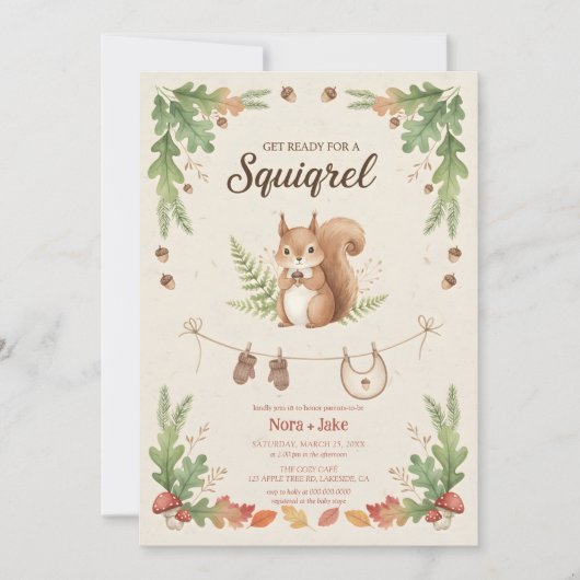 Woodland budget Squirrel Greenery baby shower 招待状 (正面)