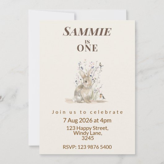 Woodland Bunny First Birthday Invitation 招待状 (正面)