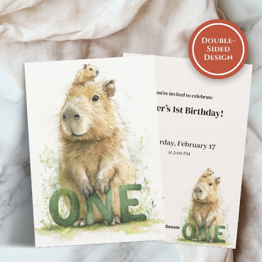 Woodland Capybara 1st Birthday Invitation シーズンカード