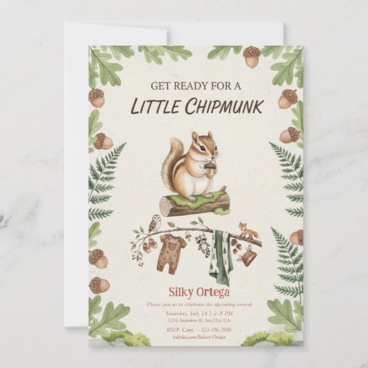 Woodland chipmunk Greenery baby shower 招待状 (正面)