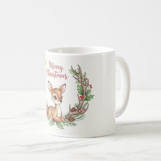Woodland Christmas Deer Mug, Cute Holiday Fawn Cup コーヒーマグカップ (正面右)