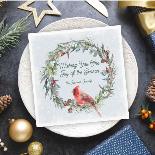 Woodland Christmas Wreath, Cardinal, Snowflakes スタンダードランチョンナプキン