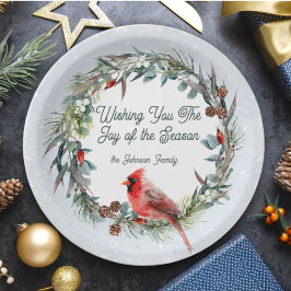 Woodland Christmas Wreath, Cardinal, Snowflakes ペーパープレート