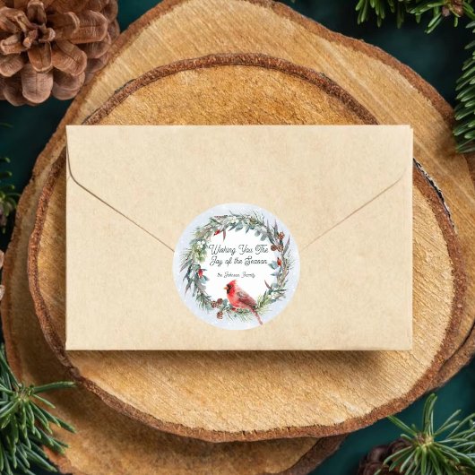 Woodland Christmas Wreath, Cardinal, Snowflakes ラウンドシール